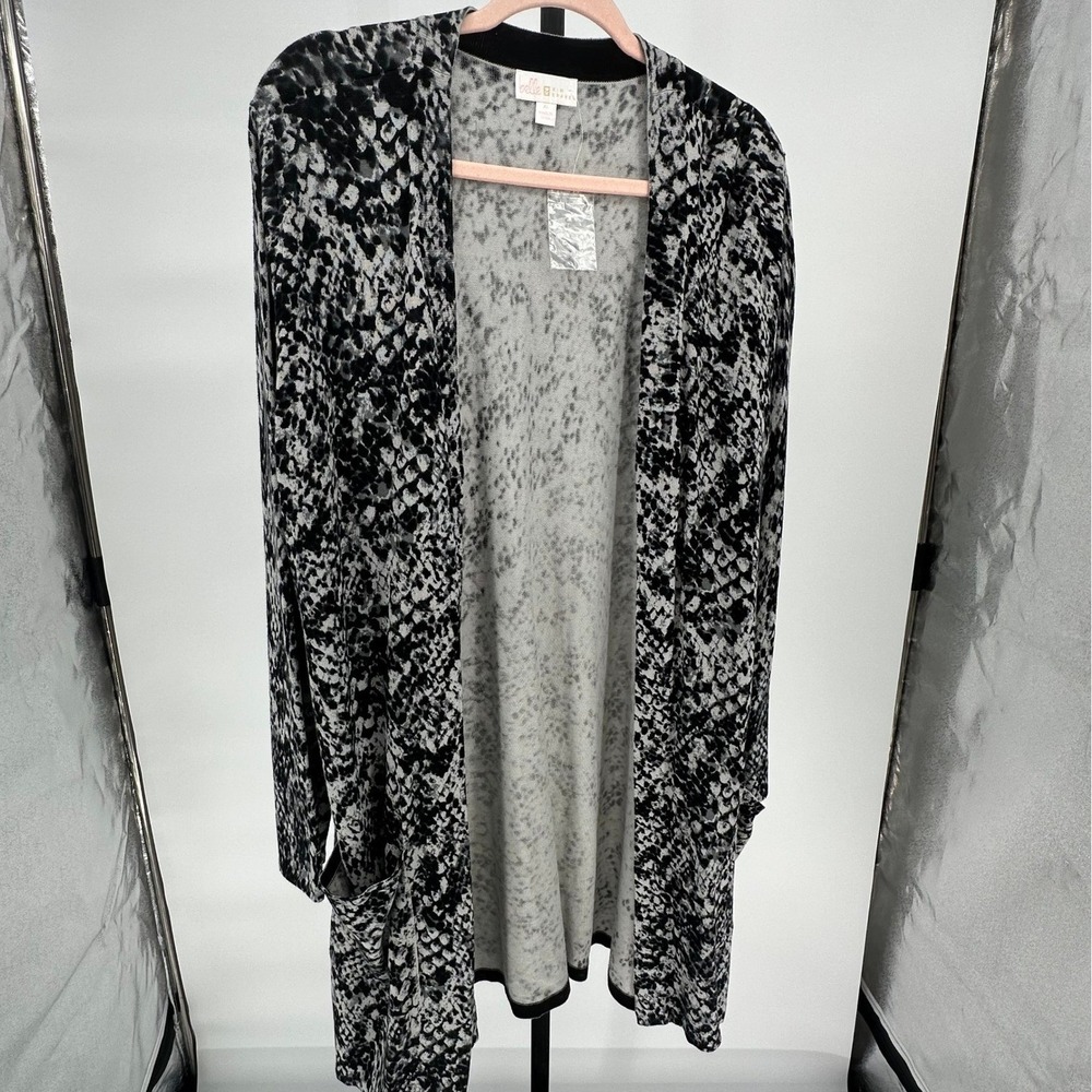 NEW Belle Kim Gravel XL Black Gray Animal Print Knit Cardigan Open Duster QVC